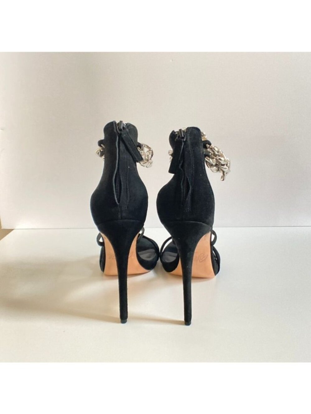 AMINAH ABDUL JILLIL Black Suede Ankle Strap Heels With Silver Chain size 11 - Picture 4 of 10